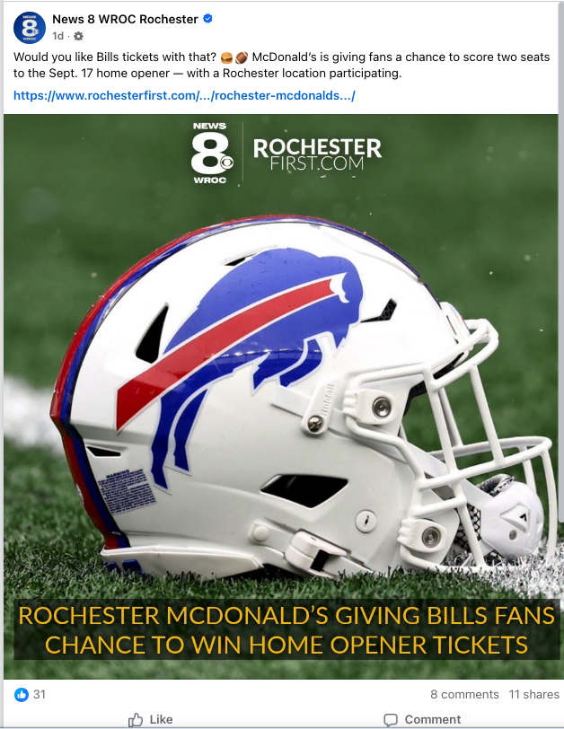 A News 8 WROC Rochester story covering the Singelyn Group McDonald's Bills ticket giveaway