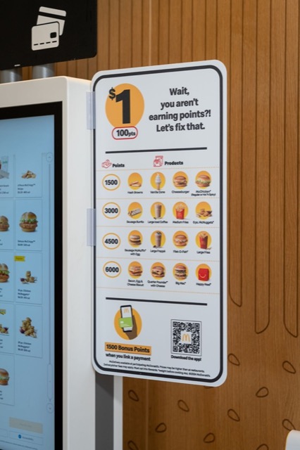 An in-restaurant sign explaining McDonald’s Rewards point values